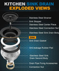 Exploded view of 3-1/2 Inch Kitchen Sink Drain Assembly With Removable Strainer Basket Stopper Matte Black Finish, 304 Stainless Steel.