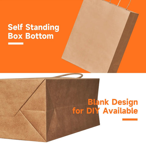Kraft Paper Gift Bags With Handles Bulk Pack 100, 8x4.5x10.8 Inch Recyclable Shopping Bags showcasing self-standing box bottom design.