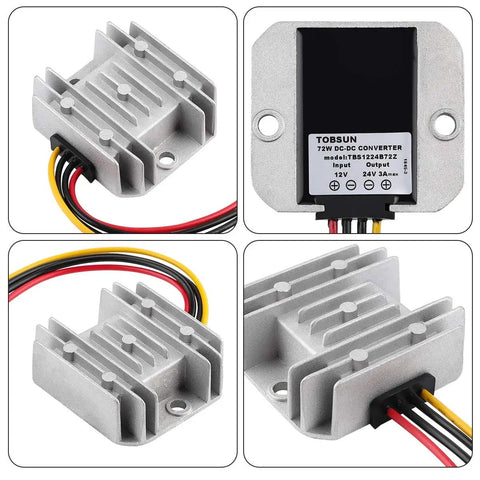 12V To 24V Step Up DC Power Converter 72W 3A Voltage Booster with fuse, waterproof connectors, durable module for golf carts.