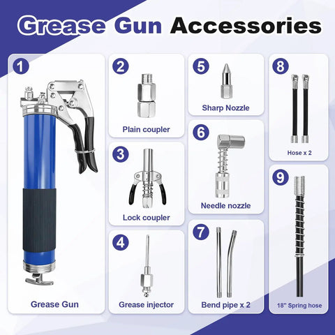 Pro Grade 8000 PSI Pistol Grip Grease Gun Kit With Two Spring Flex Hoses 18.5 And 19.5 Inches, 14 Oz Capacity, Quick Release Coupler