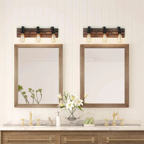 Rustic Wood And Oil Rubbed Metal Vanity Lights Farmhouse Wall Sconces over mirrors in a modern farmhouse bathroom setting.