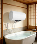 18.5 Gallon Horizontal Electric Hot Water Heater With Slick Wall Mount Hardware And Clear Temperature Display mounted beside a bathtub.