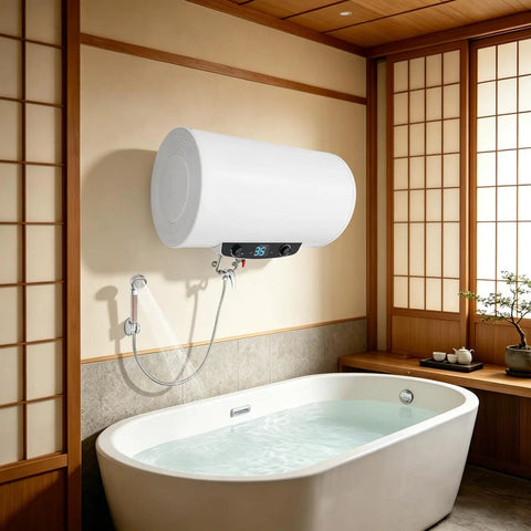 18.5 Gallon Horizontal Electric Hot Water Heater With Slick Wall Mount Hardware And Clear Temperature Display mounted beside a bathtub.