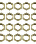 20 Pack One Eighth Inch Brass Flange Lock Nuts with Female Threads Gold Tone arranged in rows.