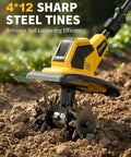 Cordless Tiller With 48 Steel Tines, 9 Inch Tilling Width And 6.7 Inch Depth close-up of sharp steel tines in garden use.
