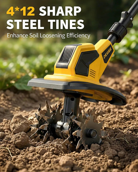 Cordless Tiller With 48 Steel Tines, 9 Inch Tilling Width And 6.7 Inch Depth close-up of sharp steel tines in garden use.
