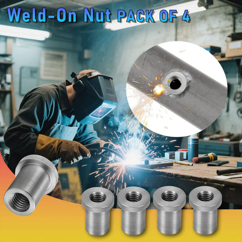 Heavy Duty Weld On Nuts One Half Inch Thirteen Threaded Female Stepped Bung Hardware For Auto Chassis Mounting in a workshop.