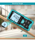 Heavy Duty 100 Meter Green Laser Rangefinder Rechargeable Digital Distance Measuring Tool showing electrical angle measurement on wood