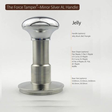 58.35 Mm Espresso Coffee Tamper Kit With Stainless Steel Base And Silver Mirrored Aluminum Handle, Jelly handle design shown.