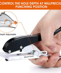 Pro Grade Heavy Duty Single Hole Puncher for paper cardboard and PVC in use, adjustable depth, handheld, three-eighths inch tool