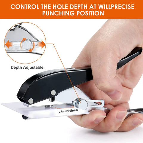 Pro Grade Heavy Duty Single Hole Puncher for paper cardboard and PVC in use, adjustable depth, handheld, three-eighths inch tool