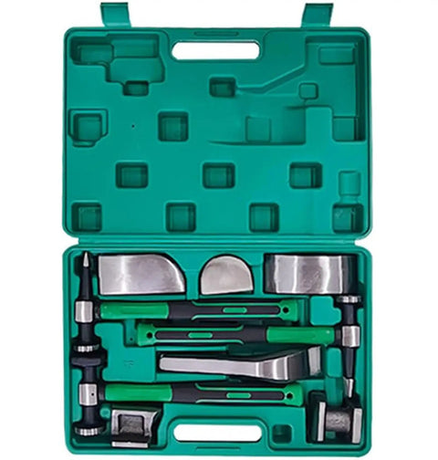 9 Piece Auto Body Hammer And Dolly Kit For DIY Dent Repair With Heavy Duty Paintless Tools In Green Case