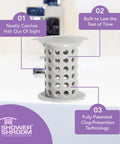 Big Time Win For Your Bathroom Two Inch Stand Up Shower Drain Protector Hair Catcher Strainer Gray Clog Guardian on a bathtub.