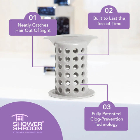 Big Time Win For Your Bathroom Two Inch Stand Up Shower Drain Protector Hair Catcher Strainer Gray Clog Guardian on a bathtub.