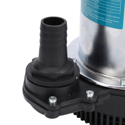 Cordless Submersible Water Pump 1003 GPH High Flow Battery Operated Drain Pump For Garden Irrigation And Rain Barrel Transfer No Strings Attached Ease Sleek Go Getter Portability close-up of outlet hose connection