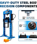 Heavy Duty 30 Ton Hydraulic Shop Press With Fully Welded H Frame And Protective Grid Guard Boasting Air And Manual Dual Operation For Rugged Garage Work Dependable Metal Forming And No Sweat Bearing Removal, featuring steel body and pressure gauge.