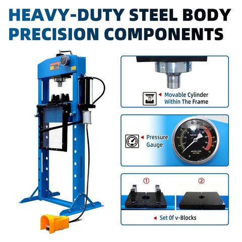 Heavy Duty 30 Ton Hydraulic Shop Press With Fully Welded H Frame And Protective Grid Guard Boasting Air And Manual Dual Operation For Rugged Garage Work Dependable Metal Forming And No Sweat Bearing Removal, featuring steel body and pressure gauge.