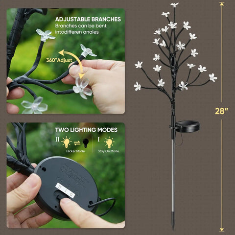 Pink Solar Flower Lights 48 LED Outdoor Garden Stakes 4 Pack IP65 Waterproof Decor with adjustable branches and two lighting modes