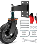 8 Inch Heavy Duty Fence Gate Wheel With 360 Degree Rotation Spring Loaded Rubber Caster 700 Lbs Capacity Fits Metal Tube Or Wooden Gates No Fuss Install With Straight Bolts And U Bolts shown with mounting accessories and gloves