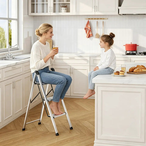 3 Step Aluminum Step Ladder Foldable For Home Use With Steel Frame Stable No Wobble Design Rust Resistant Coating 330 Lb Capacity Lightweight Yet Durable Perfect For Indoor Tasks And Quick Outdoor Fixes. Woman using 3-step aluminum ladder in kitchen