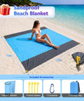Sandproof beach blanket 79x79 in with woman sitting, includes stakes, carabiner, storage bag for easy use on sand.