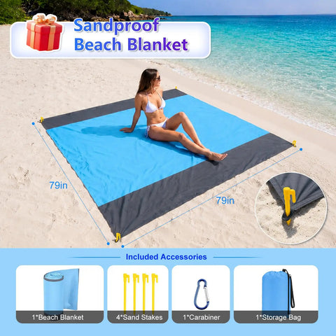 Sandproof beach blanket 79x79 in with woman sitting, includes stakes, carabiner, storage bag for easy use on sand.