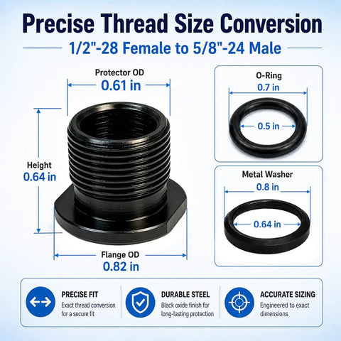 4 Pack Thread Protector Kit 1/2-28 To 5/8-24 Thread Reducer With Crush Washers And Sealing Washers Includes 4 Black Steel Adapters And Replacement Washers For Worn Or Damaged Threads. Black steel thread protector adapter, 1/2-28 to 5/8-24, with washer sizes shown