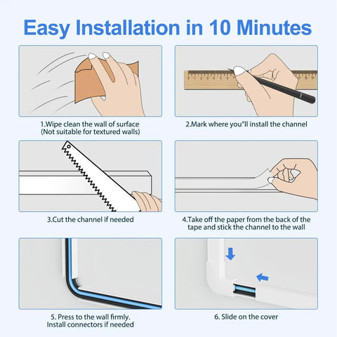 Step-by-step guide for installing 113 Inch Cord Hider for Wall Wires, Medium Cable Covers for 2 to 3 Cables in 10 minutes.