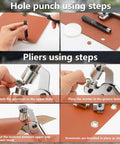 Steps to use Heavy Duty Manual Grommet Press Kit With 500 Metal Eyelets for fabric, showing hole punch and pliers instructions.