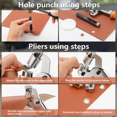 Steps to use Heavy Duty Manual Grommet Press Kit With 500 Metal Eyelets for fabric, showing hole punch and pliers instructions.