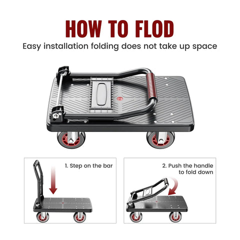 Upgraded Foldable Push Cart Dolly With 660 Lb Capacity Heavy Duty Moving Platform Hand Truck For Easy Haul, Space Saving Collapsible Utility Cart That Stows Flat In Tight Spaces And Handles Heavy Loads, folded platform cart shown in three steps