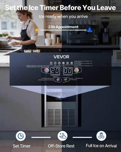 Rock Solid Commercial Ice Maker, Drip Free Self Cleaning LED Interface displaying timer settings in a bar kitchen.