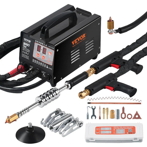 Spot Weld Dent Puller Kit With Two Weld Guns, 3KW Stud Welder For Auto Body Dent Repair, 110V Auto and Manual Weld, shown with accessories