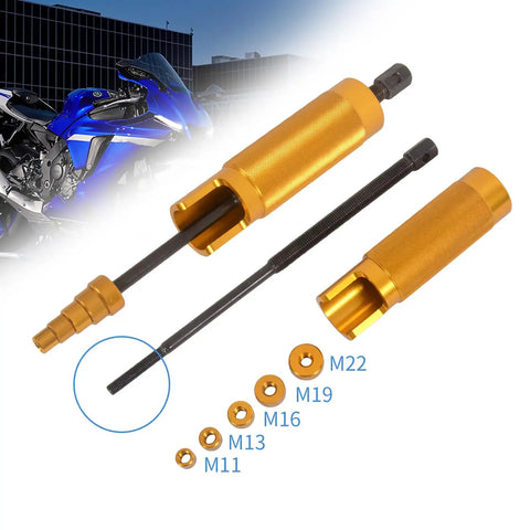 Heavy Duty Badass Wrist Pin Puller Kit For Small Engines Top Shelf Aluminum Alloy Piston Remover with gold adapters.