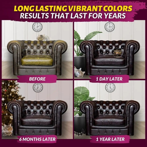 Before and after images showing a sofa treated with Leather And Vinyl Recoloring Balm In Pure Black For Sofas Chairs And Car Seats Restores Faded Worn And Peeling Surfaces With A Simple All In One Coloring Solution The Go To Way To Get Crisp Long Lasting Color.