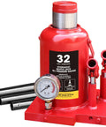 32 Ton Hydraulic Bottle Jack With Pressure Gauge And Slow Release, Welded Double Piston Car Lifting Jack, 64,000 Lbs Capacity, in red