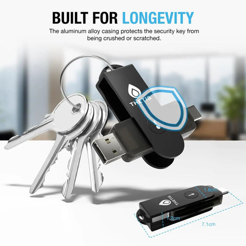 Top Tier FIDO2 Security Key And MFA Hardware Token With NFC Passkey alongside a keychain for easy access.