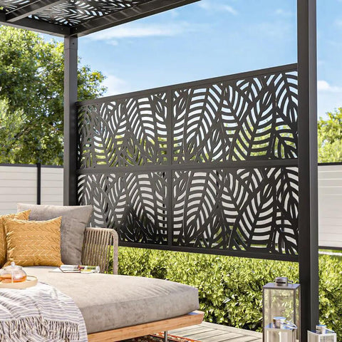 Outdoor patio with 2x4 black decorative screen panels, durable polypropylene, weather resistant, low thermal expansion, limited lifetime warranty.