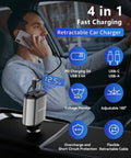 Retractable 4 In 1 Fast Car Charger With USB C And USB A Ports used in car showing voltage monitor and no tangled cables.