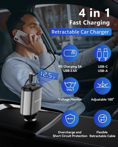 Retractable 4 In 1 Fast Car Charger With USB C And USB A Ports used in car showing voltage monitor and no tangled cables.