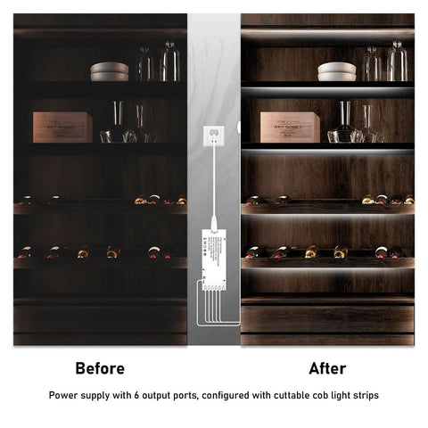 Before and after view of a bookshelf using the Under Cabinet LED Light Strip Kit 16.4Ft Cuttable Warm White 3000K With Diffused Glow