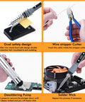 80W Soldering Iron Kit With Multimeter And LCD Temperature Display, 4 tools shown: iron stand, wire stripper, desoldering pump, solder wick