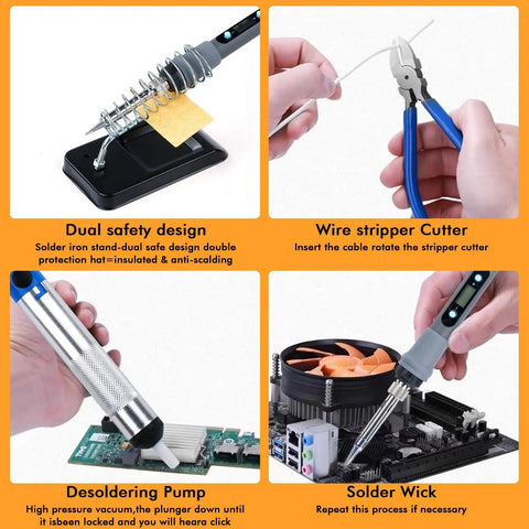 80W Soldering Iron Kit With Multimeter And LCD Temperature Display, 4 tools shown: iron stand, wire stripper, desoldering pump, solder wick