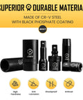 One Half Inch Drive Impact Socket Set Forty Five Piece Deep Shallow Metric Sockets Nine To Thirty Two Millimeter Includes Three Inch Five Inch And Ten Inch Extension Bars Universal Joint Adapter Six Point Design Chromium Vanadium Steel ANSI Compatible, showcasing CR-V steel with black phosphate coating.