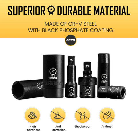 One Half Inch Drive Impact Socket Set Forty Five Piece Deep Shallow Metric Sockets Nine To Thirty Two Millimeter Includes Three Inch Five Inch And Ten Inch Extension Bars Universal Joint Adapter Six Point Design Chromium Vanadium Steel ANSI Compatible, showcasing CR-V steel with black phosphate coating.