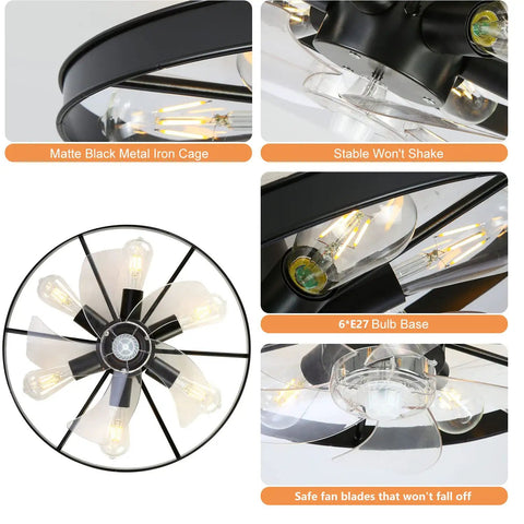 Retro 20 Inch Black Ceiling Fan With Light And Remote Six Speed Control Low Profile Bedroom Ceiling Fan Includes Six E27 Bulbs
