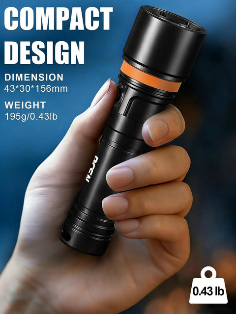 Hand holding compact Beast 3600 Lumen Dive Light With 150M Depth Rating And 300M Long Range Beam, torch size 43x30x156mm.