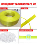 No Sweat Polypropylene Banding Strapping Kit With Dead Simple Dual Handle Packaging Tensioner showing 5900" yellow strap roll and buckles.