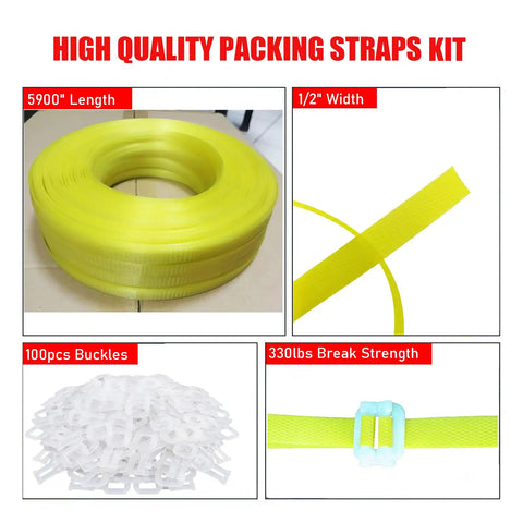 No Sweat Polypropylene Banding Strapping Kit With Dead Simple Dual Handle Packaging Tensioner showing 5900" yellow strap roll and buckles.