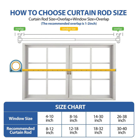 Illustration of size chart for French Door Curtain Rod Adjustable From 18 To 32 Inches Wrap Around Cafe Curtain Rod For Doors